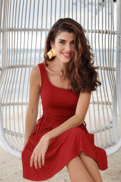 Square Neck Ruched Side-Tie Mini Skater Dress red