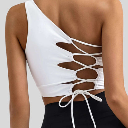 Alzya® Sports Bra – Asymmetric Lace-Back, Sculpted Support, Quick-Dry Fabric - Alzya