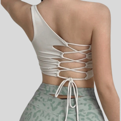 Alzya® Sports Bra – Asymmetric Lace-Back, Sculpted Support, Quick-Dry Fabric - Alzya