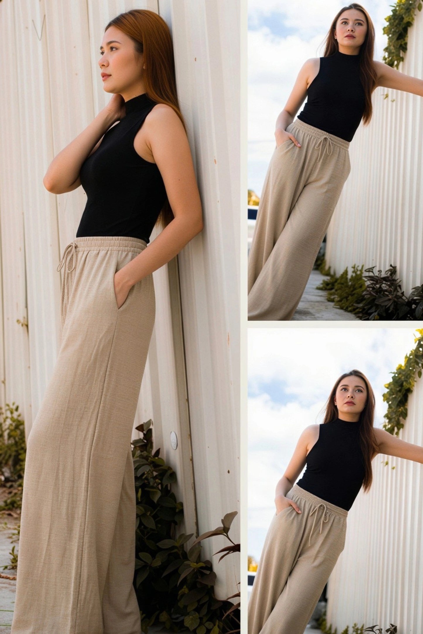 wide-leg linen-blend drawstring palazzo pants  Apricot