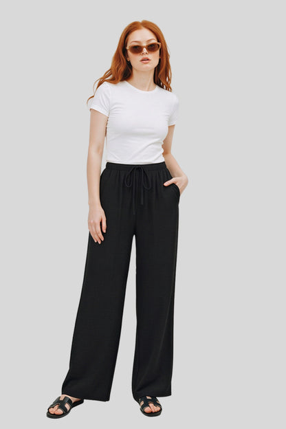 wide-leg linen-blend drawstring palazzo pants  Black