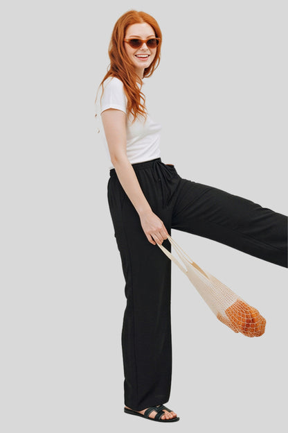 wide-leg linen-blend drawstring palazzo pants  Black