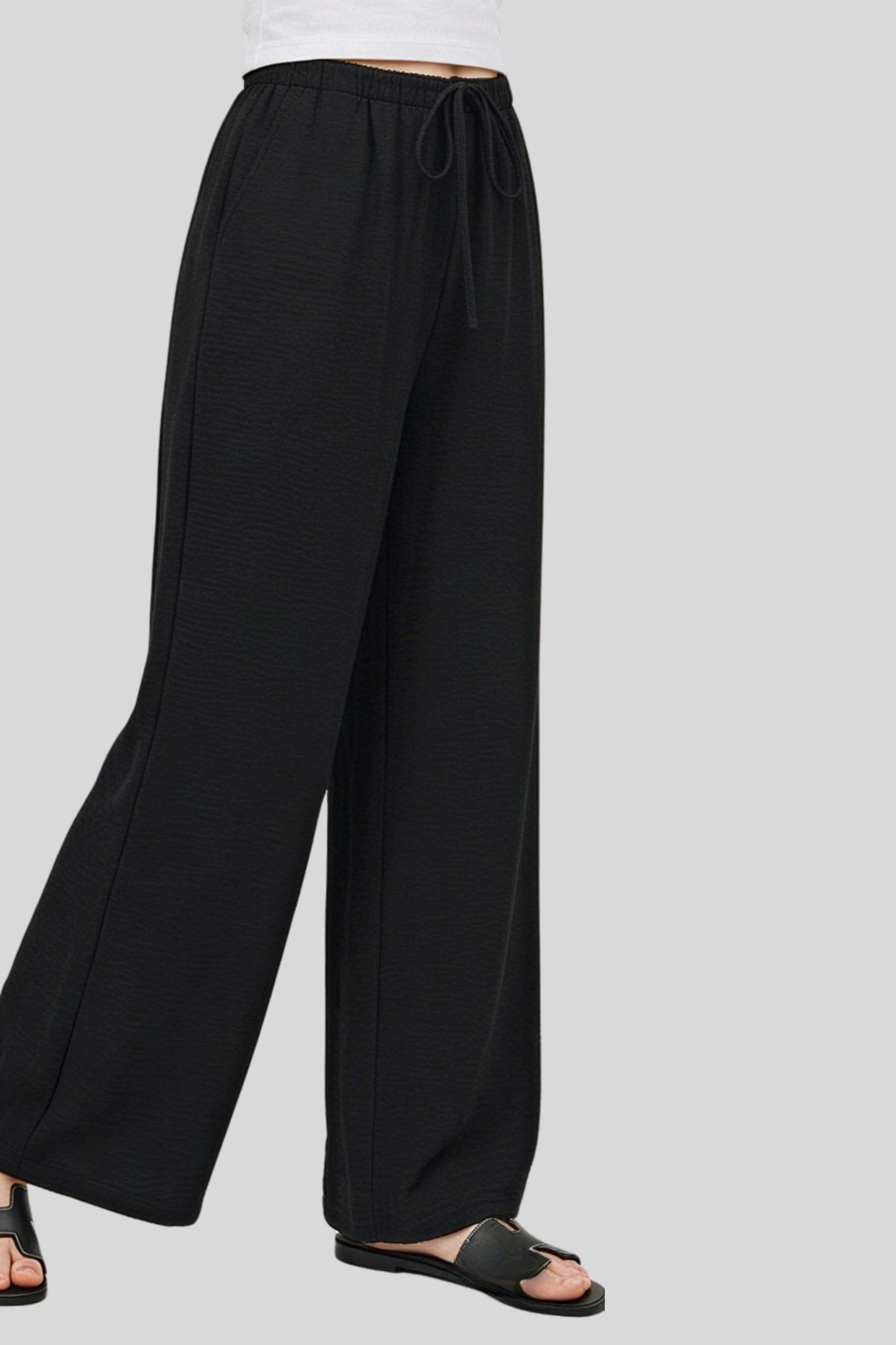 wide-leg linen-blend drawstring palazzo pants  Black