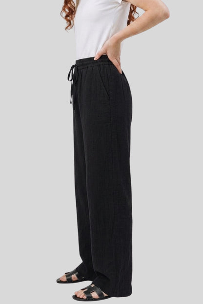 wide-leg linen-blend drawstring palazzo pants  Black