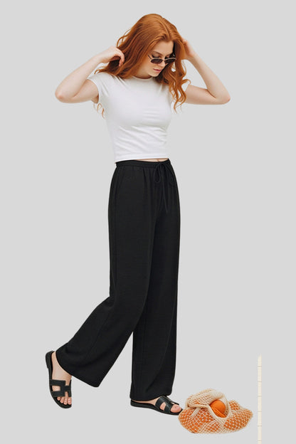 wide-leg linen-blend drawstring palazzo pants  Black