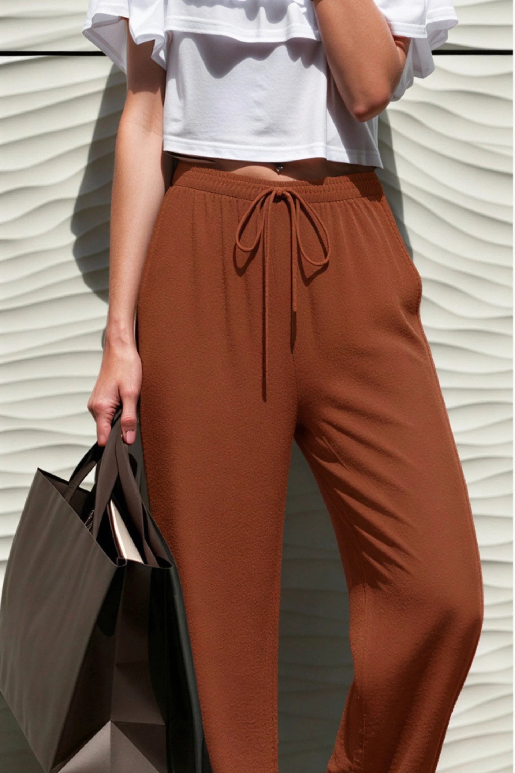 wide-leg linen-blend drawstring palazzo pants  Caramel