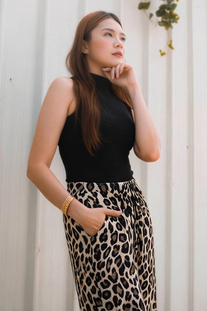 wide-leg linen-blend drawstring palazzo pants  Pattern Leopard