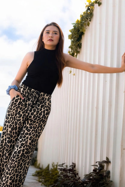 wide-leg linen-blend drawstring palazzo pants  Pattern Leopard